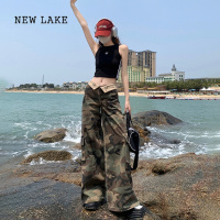 NEW LAKE美式复古迷彩工装裤女2024夏季新款低腰高个子宽松垂感阔腿牛仔裤