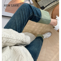 NEW LAKE大码胖mm高腰直筒牛仔裤女春秋宽松显瘦小个子复古弹力九分烟管裤