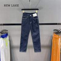 NEW LAKE欧货深蓝色牛仔直筒裤女2024春新款小熊裤脚开叉八分烟管裤潮