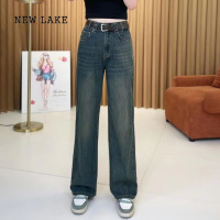 NEW LAKE美式直筒牛仔裤女春季2024新款小个子高腰显瘦宽松拖地裤子9分