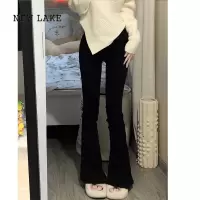 NEW LAKE黑色微喇叭裤子修身牛仔裤女2024春季复古直筒高腰显瘦加长马蹄裤