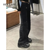 NEW LAKE大码黑色水洗多口袋牛仔裤女胖mm高腰宽松直筒阔腿工装裤子潮