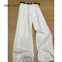 NEW LAKE白色褶皱阔腿牛仔裤女春季新款高腰宽松垂感显瘦休闲裤直筒拖地裤