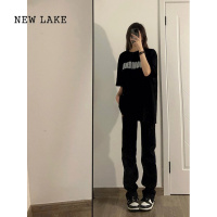 NEW LAKE欧美设计感显瘦黑色牛仔裤女夏季新款复古高腰烟管直筒拖地裤子潮