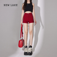 NEW LAKE红色牛仔短裤女夏季2024新款高腰弹力显瘦辣妹黑色紧身热裤小个子