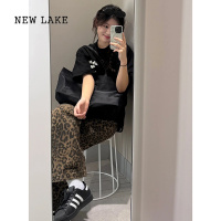 NEW LAKE韩版hiphop复古高腰豹纹牛仔裤女春夏宽松高级感休闲百搭阔腿长裤