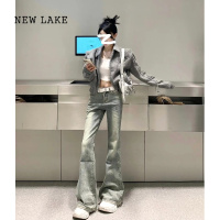 NEW LAKE高个子170加长美式做旧黄泥染微喇叭牛仔裤女高腰复古显瘦拖地裤