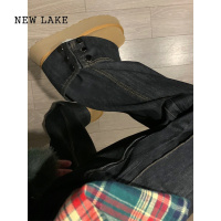 NEW LAKE美式重工翻边阔腿牛仔裤女春季新款复古高腰宽松显瘦直筒拖地裤子