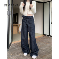 NEW LAKE复古蓝色牛仔裤女春季腰带低腰垂感直筒裤子宽松百搭阔腿拖地长裤