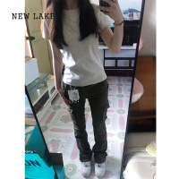 NEW LAKE175高个子加长军绿微喇工装牛仔裤女高腰显瘦弹力修身喇叭裤