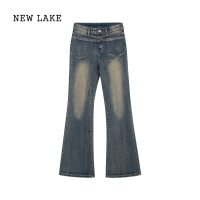 NEW LAKE蓝色复古水洗做旧牛仔裤女春季高腰显瘦微喇拖地裤长裤子