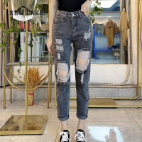 NEW LAKE牛仔裤女2024夏季新款时尚韩版破洞休闲裤显瘦百搭哈伦乞丐九分裤