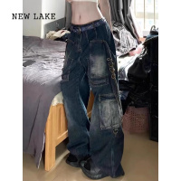 NEW LAKEX美式复古高街vibe工装牛仔裤女设计感多口袋重工微喇裤子潮