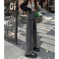 NEW LAKE大码烟灰色牛仔裤女春秋高腰直筒宽松显瘦显高胖mm胯大腿粗阔腿裤