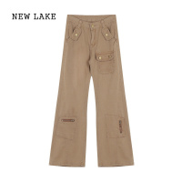 NEW LAKE美式卡其色工装裤牛仔裤喇叭裤女早春高腰拖地休闲裤直筒裤长裤子