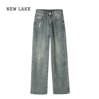 NEW LAKE直筒堆堆裤~小个子复古牛仔裤女高腰阔腿直筒拖地长裤