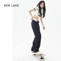 NEW LAKE美式直筒休闲工装牛仔裤女春季2024新款设计高腰撞色外翻边拖地裤