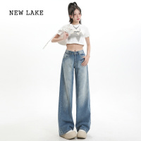 NEW LAKE复古浅色低腰阔腿牛仔裤女2024春夏新款宽松直筒显瘦垂感拖地长裤