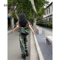 NEW LAKE复古绿色牛仔裤美式高街胖mm直筒高腰宽松显瘦阔腿拖地裤潮