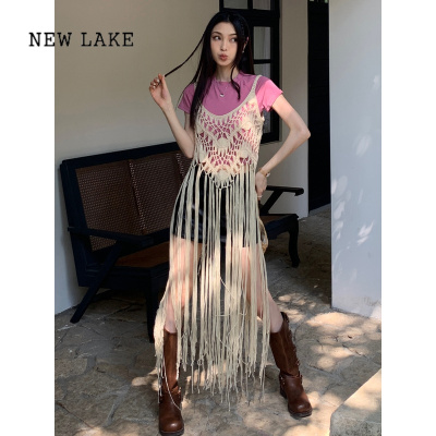 NEW LAKE春季2024新款时尚设计感手工钩织流苏波西米亚风吊带外衫连衣裙女