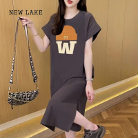 NEW LAKE纯棉短袖连衣裙女夏季大码宽松中长款过膝t恤裙百搭休闲开叉长裙