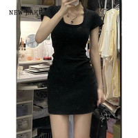 NEW LAKE辣妹性感u领短袖连衣裙女夏修身显瘦小众纯欲风纯棉包臀T恤小黑裙