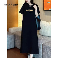 NEW LAKE过膝气质连衣裙2024夏季胖mm大码短袖T恤宽松显瘦女士休闲中长裙