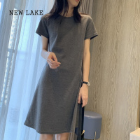 NEW LAKE纯色宽松棉质中长款a字短袖连衣裙女夏韩版百搭显瘦简约T恤懒人裙
