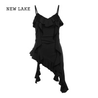NEW LAKEKLIOU 独特别致荷叶边拼接吊带连衣裙女设计感小众显瘦不规则短裙