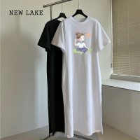 NEW LAKE大码女装短袖t恤裙子夏季中长款过膝连衣裙胖mm遮肚减龄显瘦长裙