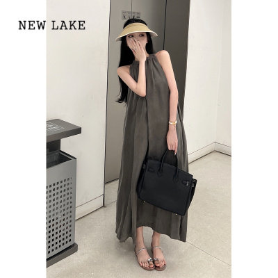 NEW LAKE夏季2024新款灰色褶皱无袖连衣裙女设计感小众挖肩挂脖中长款裙子