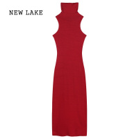 NEW LAKE红色高领无袖背心连衣裙女春季内搭裙打底裙子长裙紧身性感包臀裙