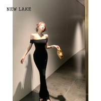 NEW LAKE一字肩性感短袖连衣裙女夏季修身显身材长裙辣妹黑色收腰包臀裙子