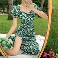NEW LAKE法式绿色碎花连衣裙女夏季新款甜美小清新复古小众茶歇开叉长裙子