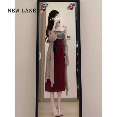 NEW LAKE中国风汉服禅意红色旗袍套装女夏季高级感气质新中式改良连衣裙子