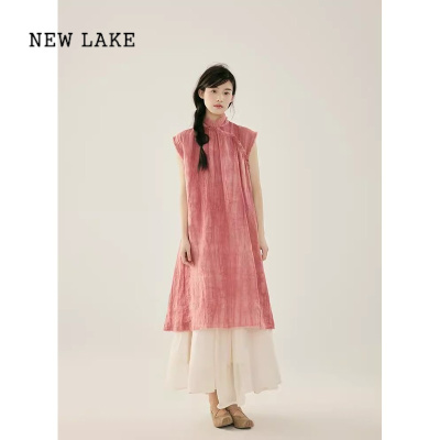 NEW LAKE新中式国风茶服套装女2024夏季新款复古苎麻改良旗袍连衣裙两件套