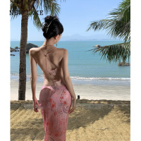 NEW LAKE三亚旅行穿搭网红印花深v吊带连衣裙性感大露背沙滩裙女海边度假