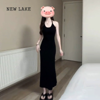 NEW LAKE法式黑色挂脖连衣裙2024新款夏季高级感气质修身显瘦吊带包臀长裙