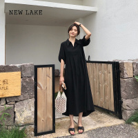 NEW LAKE夏季胖妹妹显瘦衬衫领黑色连衣裙大码女装宽松气质A字裙长裙子潮