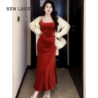 NEW LAKE大码年会礼服高级感丝绒吊带裙新款胖mm遮肉显瘦内搭长裙子女