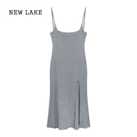 NEW LAKE性感蕾丝露背吊带连衣裙女夏季灰色修身包臀裙开叉收腰纯欲长裙子