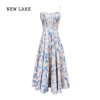 NEW LAKE遇见家大码女装夏季法式碎花吊带裙胖mm新款油画感蓝色显瘦连衣裙