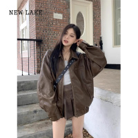 NEW LAKE美拉德风咖色皮衣外套女装2024新款辣妹百搭宽松机车夹克上衣