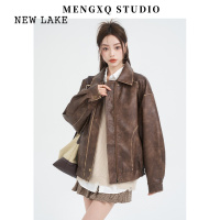 NEW LAKE蒙小柒复古做旧棕色皮衣女2024新款美式机车夹克外套上衣短款
