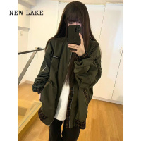 NEW LAKE美式复古vintage军绿色拼接外套女春秋飞行员棒球服夹克设计感潮