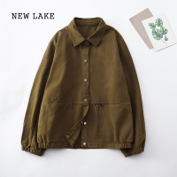 NEW LAKE女士妈妈棉质短款衬衣外套春秋休闲长袖夹克外搭开衫上衣