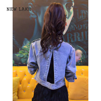 NEW LAKE小个子短款牛仔外套女春新款美式复古设计感后背镂空别致夹克上衣