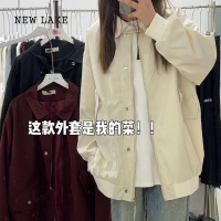 NEW LAKE简约款翻领扣子设计美式休闲潮牌情侣外套飞行服春秋飞行员夹克女