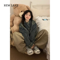NEW LAKE大码美式复古做旧牛仔外套女2024新款宽松工装夹克上衣ins潮