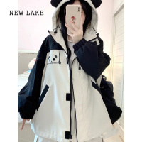 NEW LAKE可爱熊猫连帽冲锋衣外套女春秋新款甜美宽松小众防风登山服夹克潮